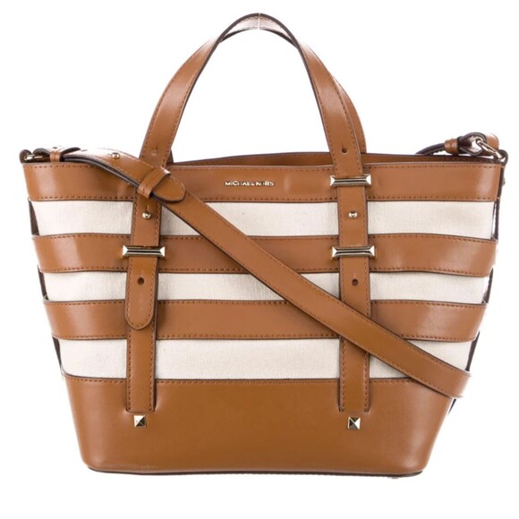 DESIGNER MICHAEL KORS CANVAS LEATHER TRIM STRIPED GOLD TONE HARDWARE TOTE - Picture 1 of 13